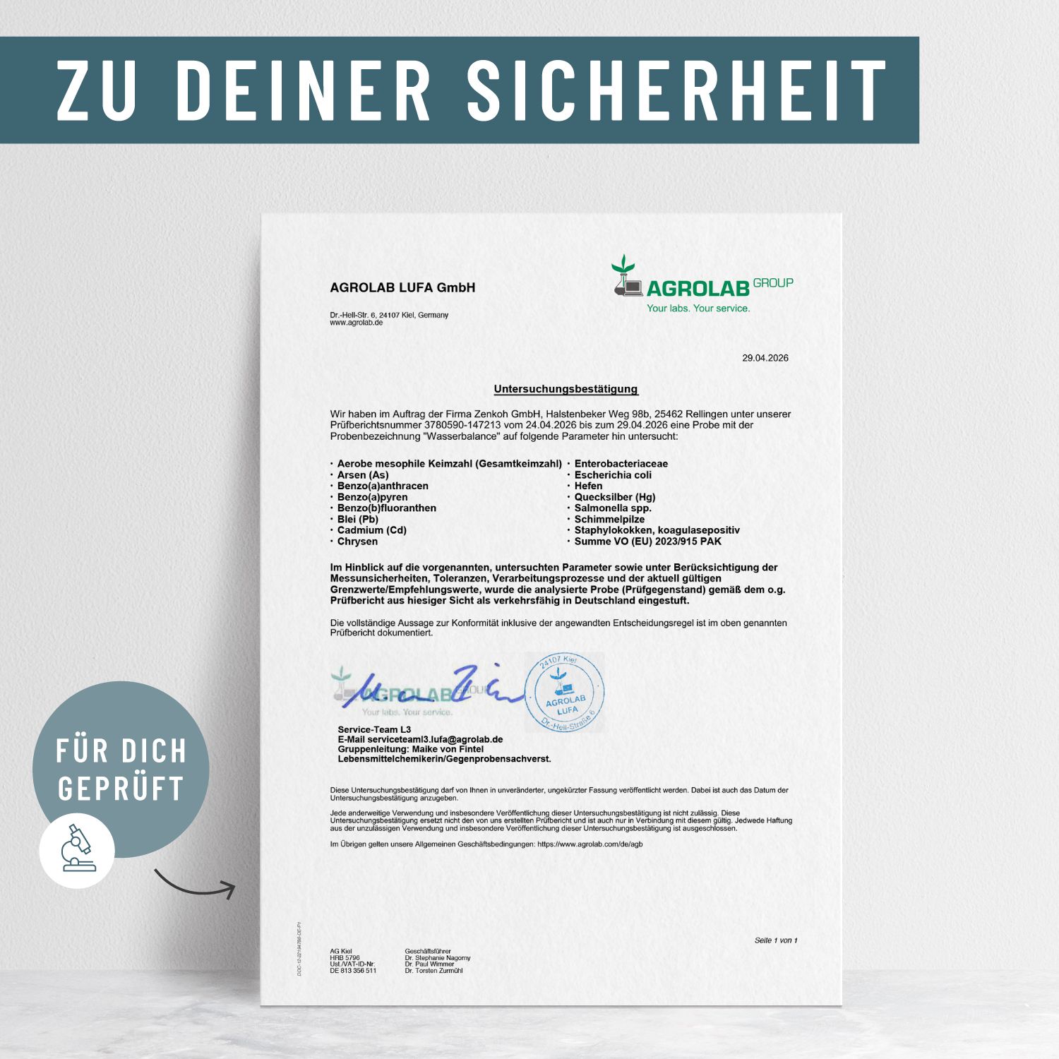 Prüfbericht von AGROLAB LUFA GmbH. "Für dich geprüft" Siegel. Datum: 29.04.2020.