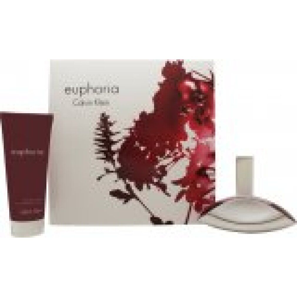 Geschenkset mit Flakon, Körperlotion und Verpackung. Flakon silberfarben, Körperlotion rotbraun. Verpackung mit floralem Muster und Schriftzug.