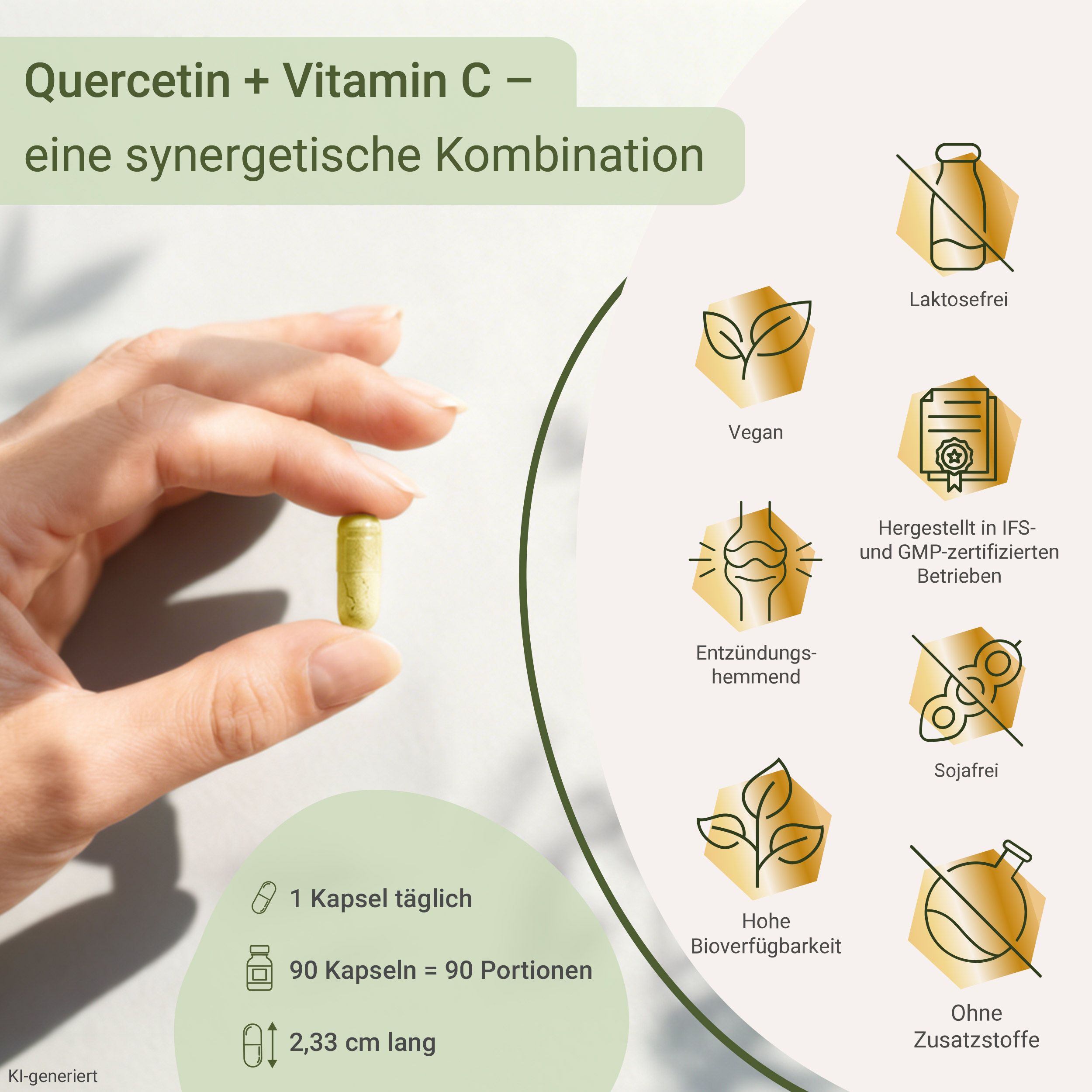 Eine Hand hält eine Quercetin-Kapsel, daneben eine Flasche und Icons mit Produkteigenschaften.