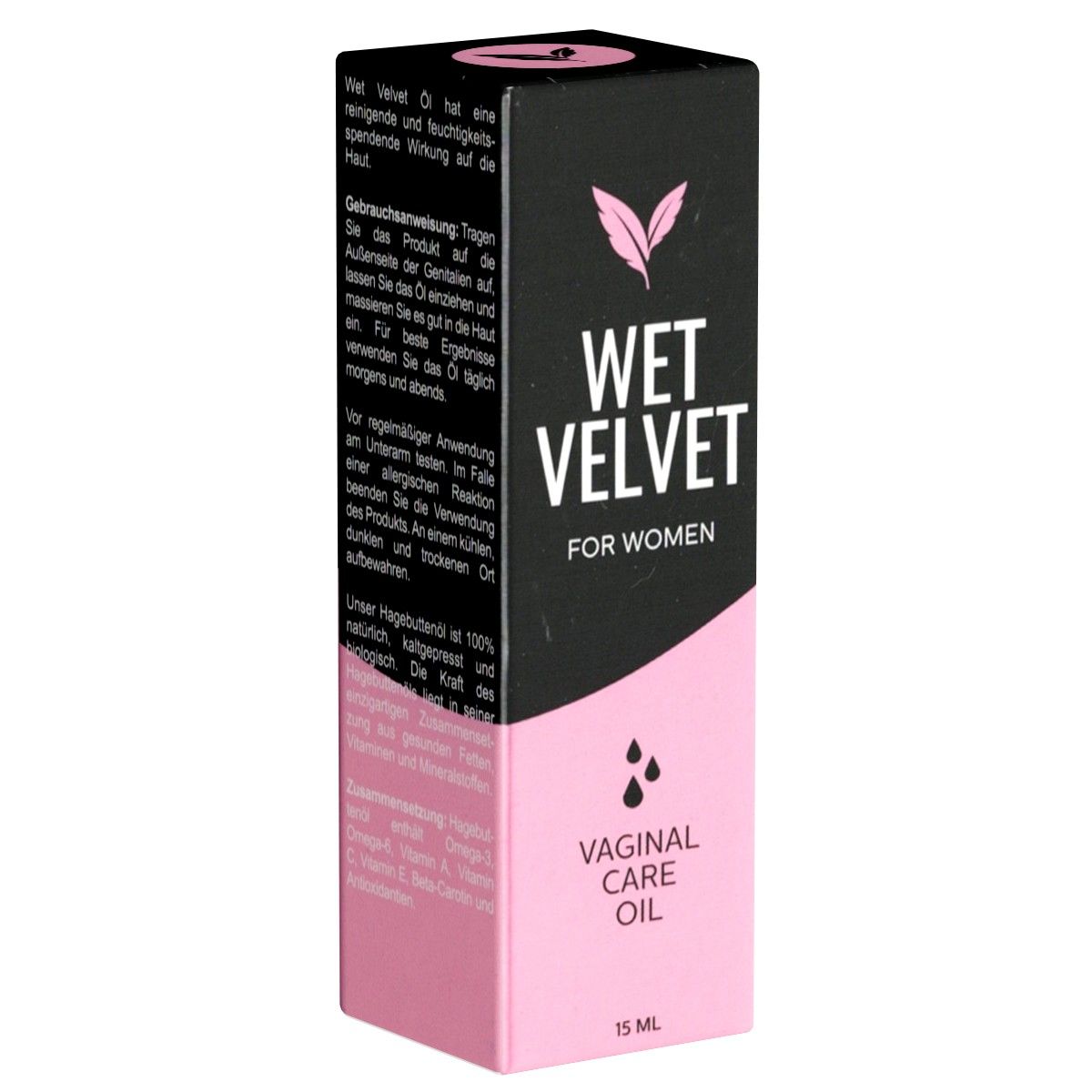 Schwarze und rosa Schachtel mit "WET VELVET FOR WOMEN" und "VAGINAL CARE OIL". 15 ml.
