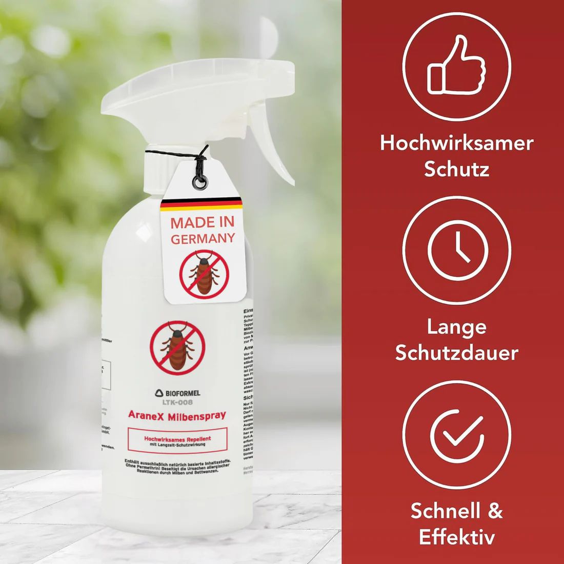 Sprühflasche mit Etikett 'Made in Germany'. Text: Hochwirksamer Schutz, lange Schutzdauer, schnell & effektiv.