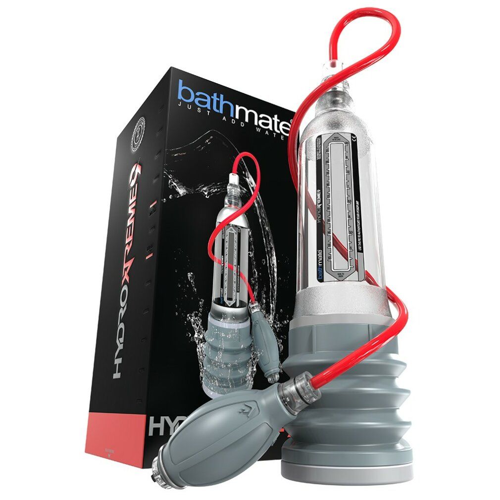 Produktverpackung mit transparentem Gerät und rotem Schlauch. Auf der Verpackung steht 'Bathmate HydroXtreme9'.
