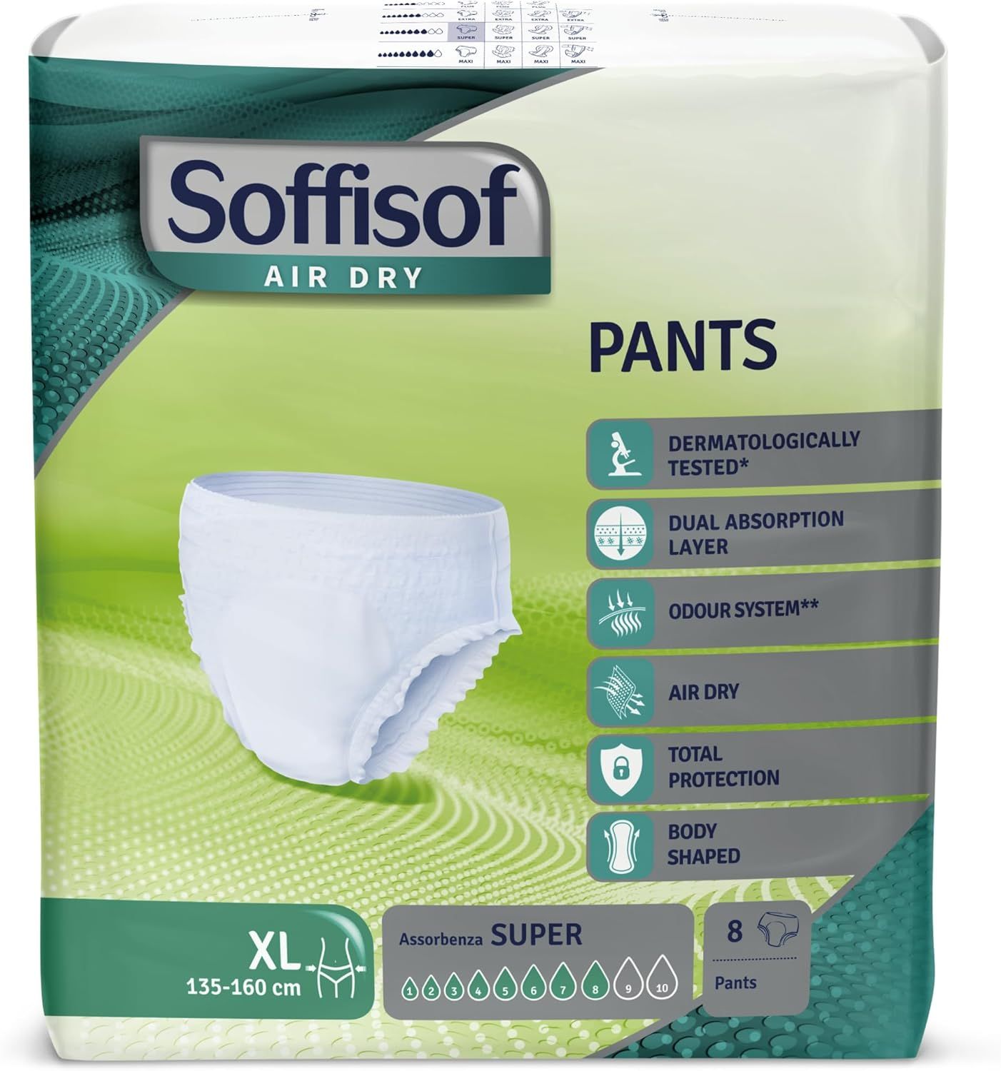 Soffisof Air Dry Pants Super Inkontinenz Windelhosen für Erwachsene. XL-Größe. 8 Stück. Dermatologisch getestet.