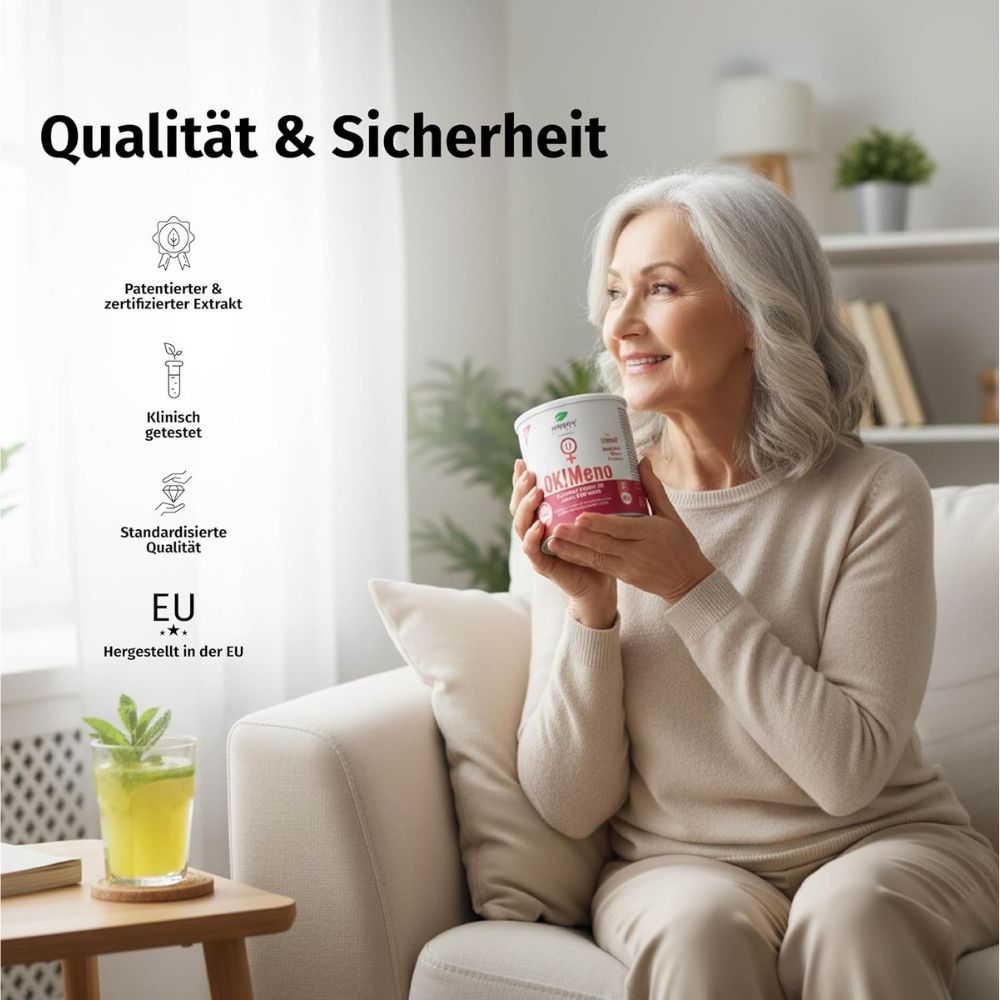 Ältere Frau hält Nature's Finest OK!Meno Dose. Text: Qualität & Sicherheit, EU hergestellt.