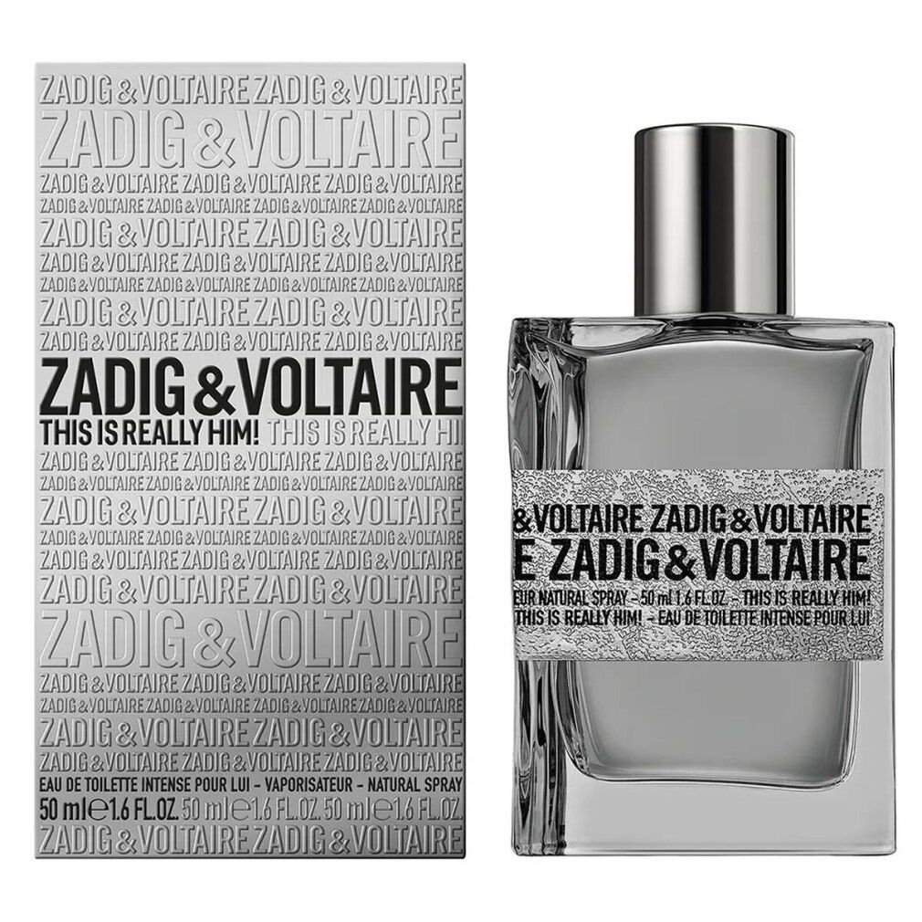 Flakon und Verpackung. Flakon mit silberfarbenem Verschluss. Aufschrift: Zadig & Voltaire, This Is Really Him! EdT Intense.