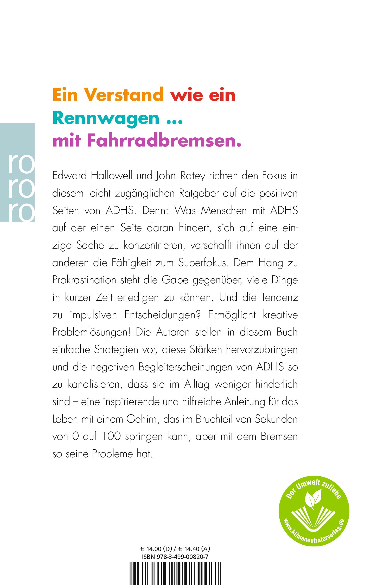 Buchrückseite mit Text. Titel: "Ein Verstand wie ein Rennwagen..." Autoren: Hallowell, Ratey. Grünes Logo "Der Umwelt zuliebe".