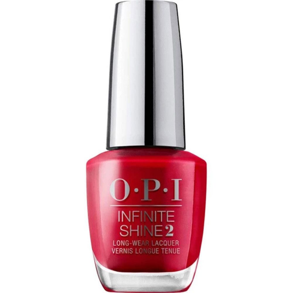 OPI Nagellacke Infinite Shine. Rote Nagellackflasche mit silbernem Deckel. Produktname und -bezeichnung auf dem Flaschenetikett.