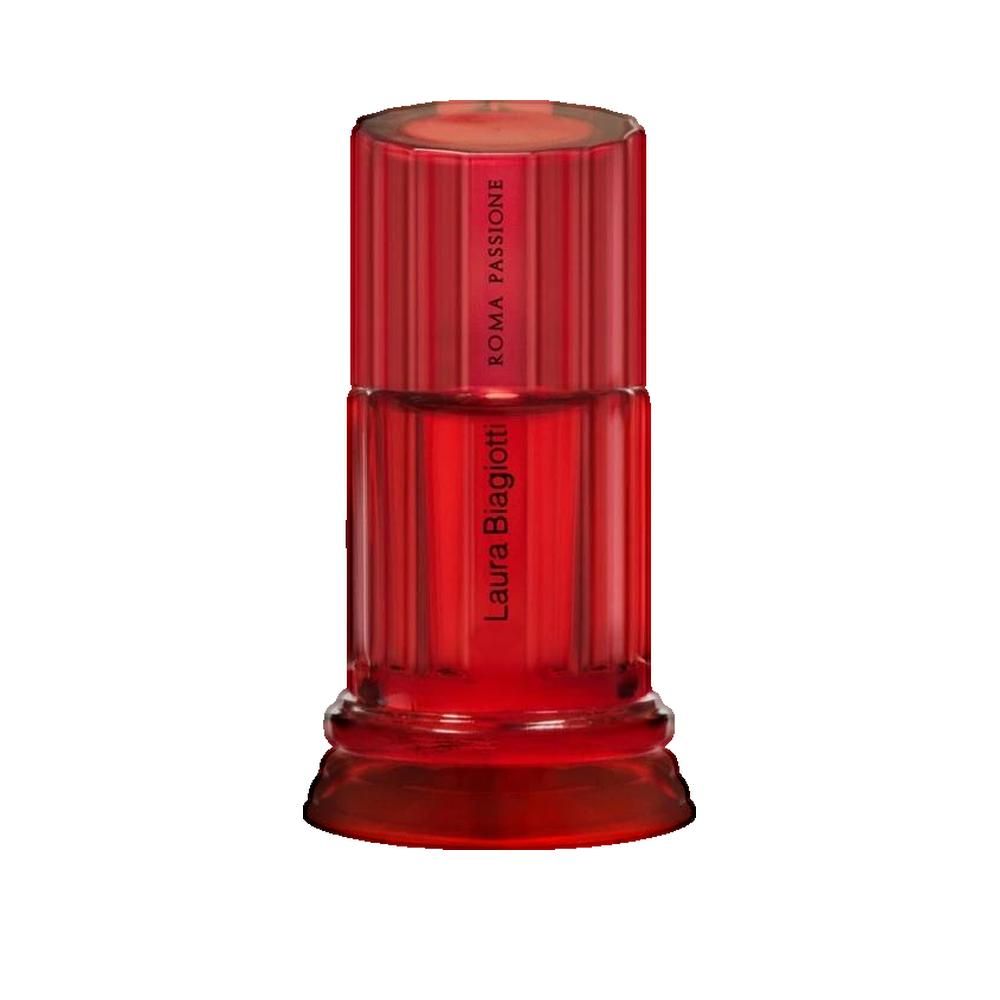 Roter Flakon von Laura Biagiotti Roma Passione. Zylindrische Form mit geriffelter Oberfläche. Aufschrift Roma Passione.