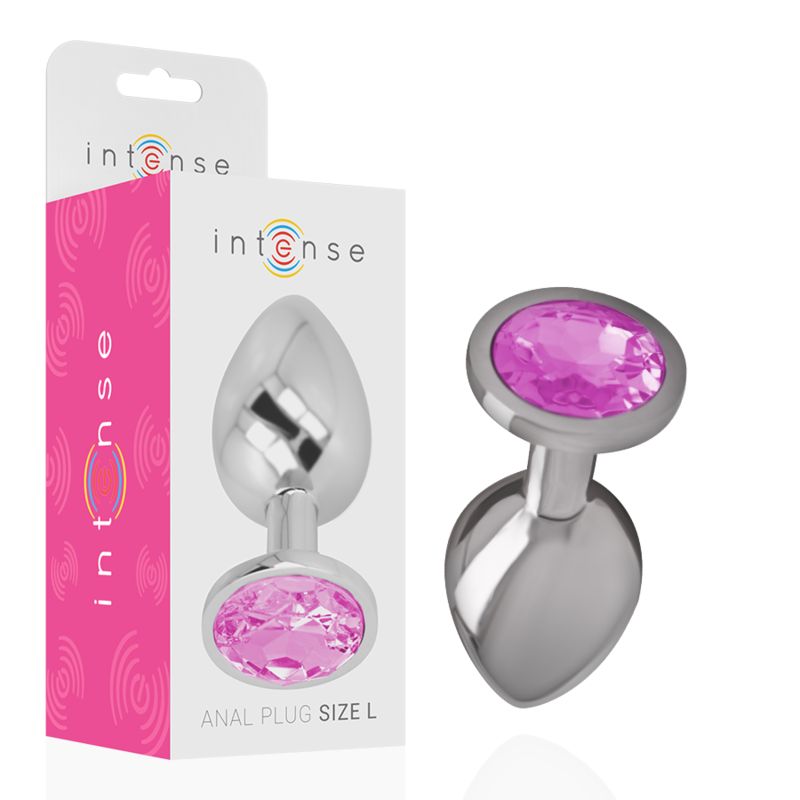 Analplug aus Metall mit rosafarbenem Kristall, neben der Verpackung. Text: 'intense', 'ANAL PLUG SIZE L'.
