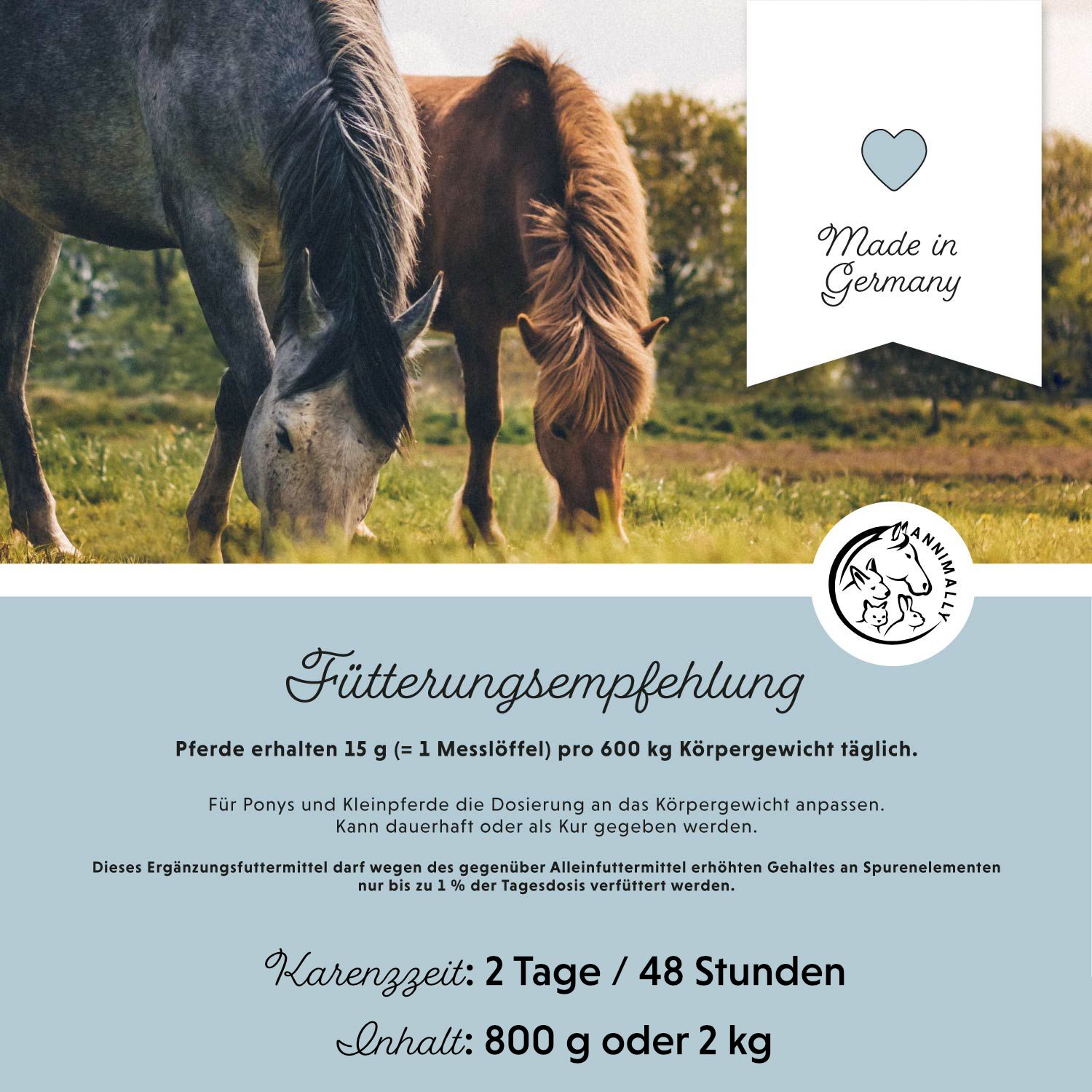 Text mit Fütterungsempfehlung und Informationen. Logo Annimally. Made in Germany. Zwei Pferde.