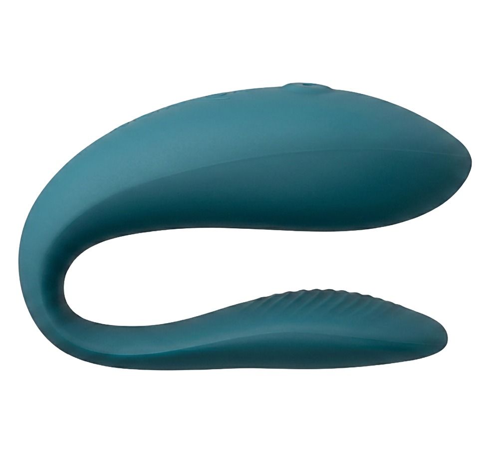 Ein türkisfarbener, gebogener Vibrator.