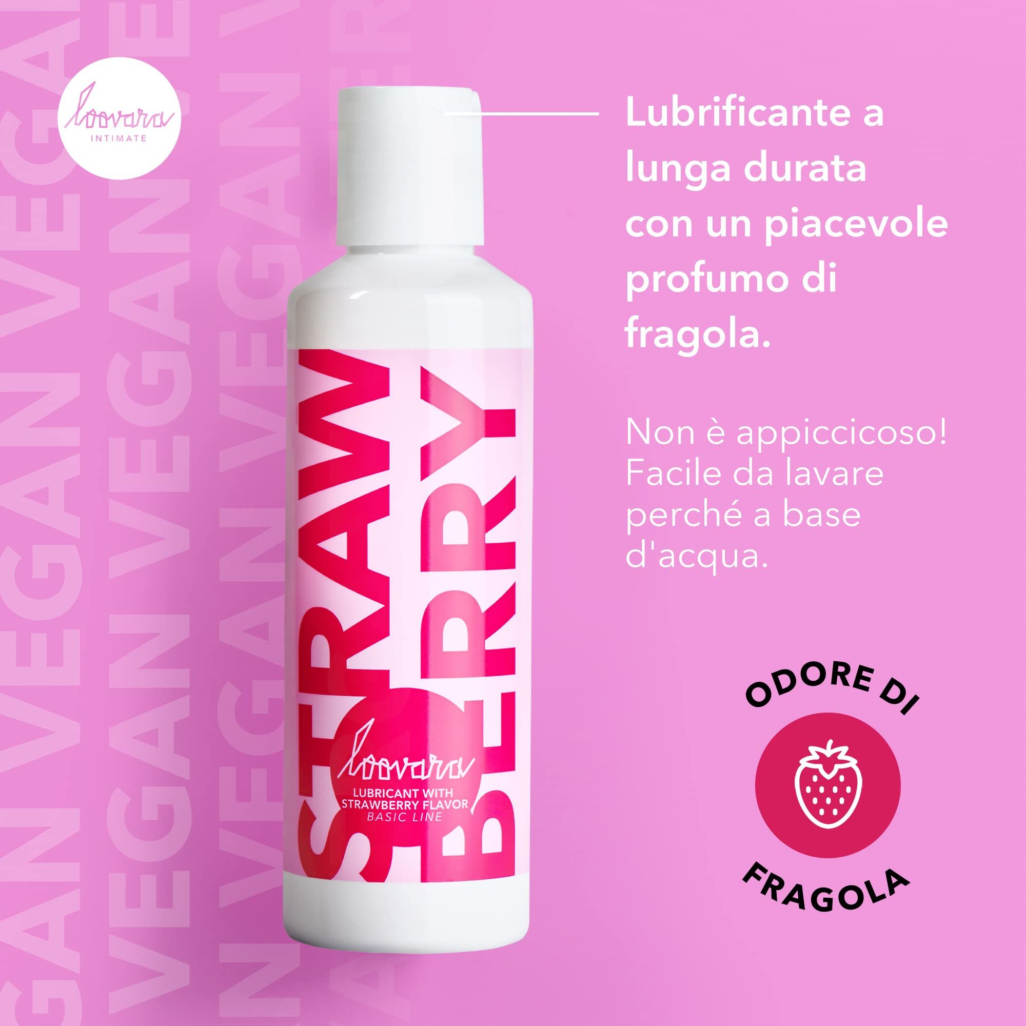 Loovara Gleitgel Erdbeer Flasche mit Text über langanhaltende Wirkung und Duft.