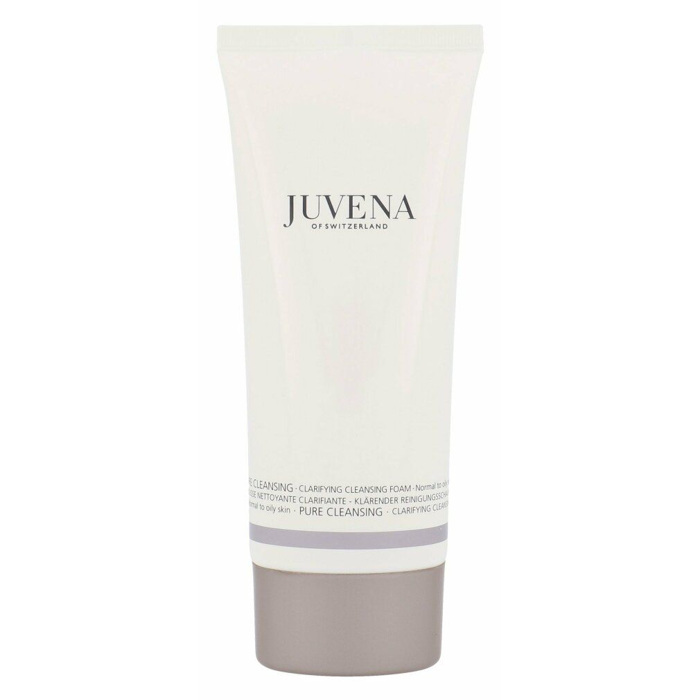 Weisse Tube mit Aufschrift Juvena of Switzerland. Produktname: Clarifying Cleansing Foam. Grauer Verschluss.