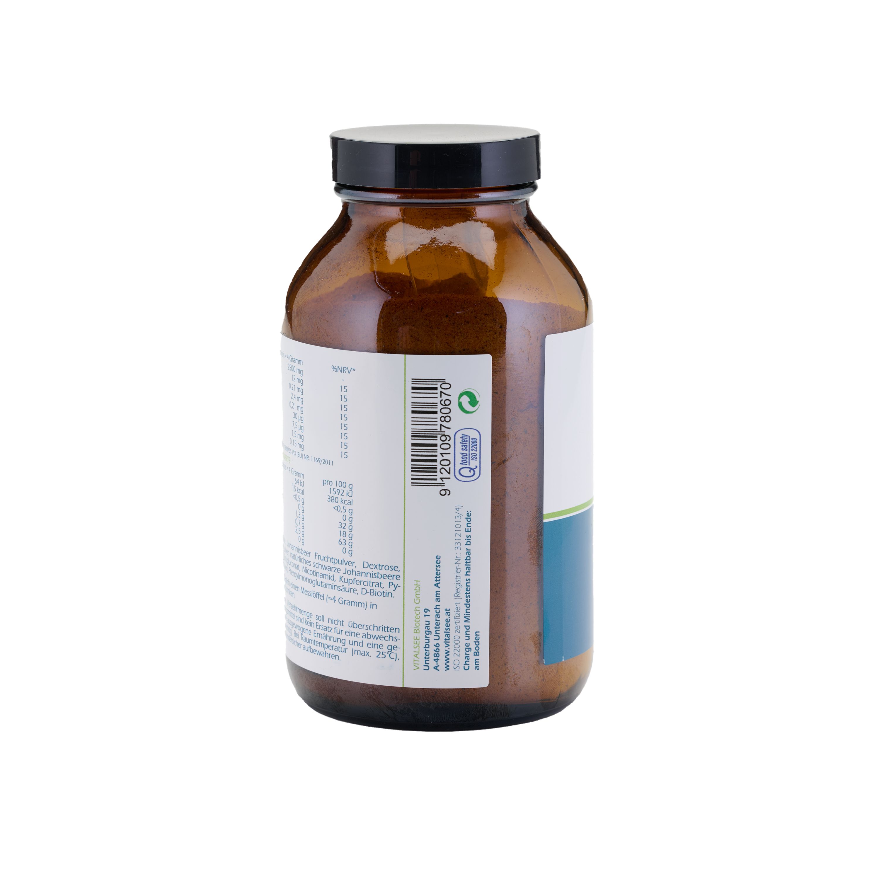 Rückseite einer Braunglasflasche mit Vitalsee Collagen Beauty Etikett und Barcode.