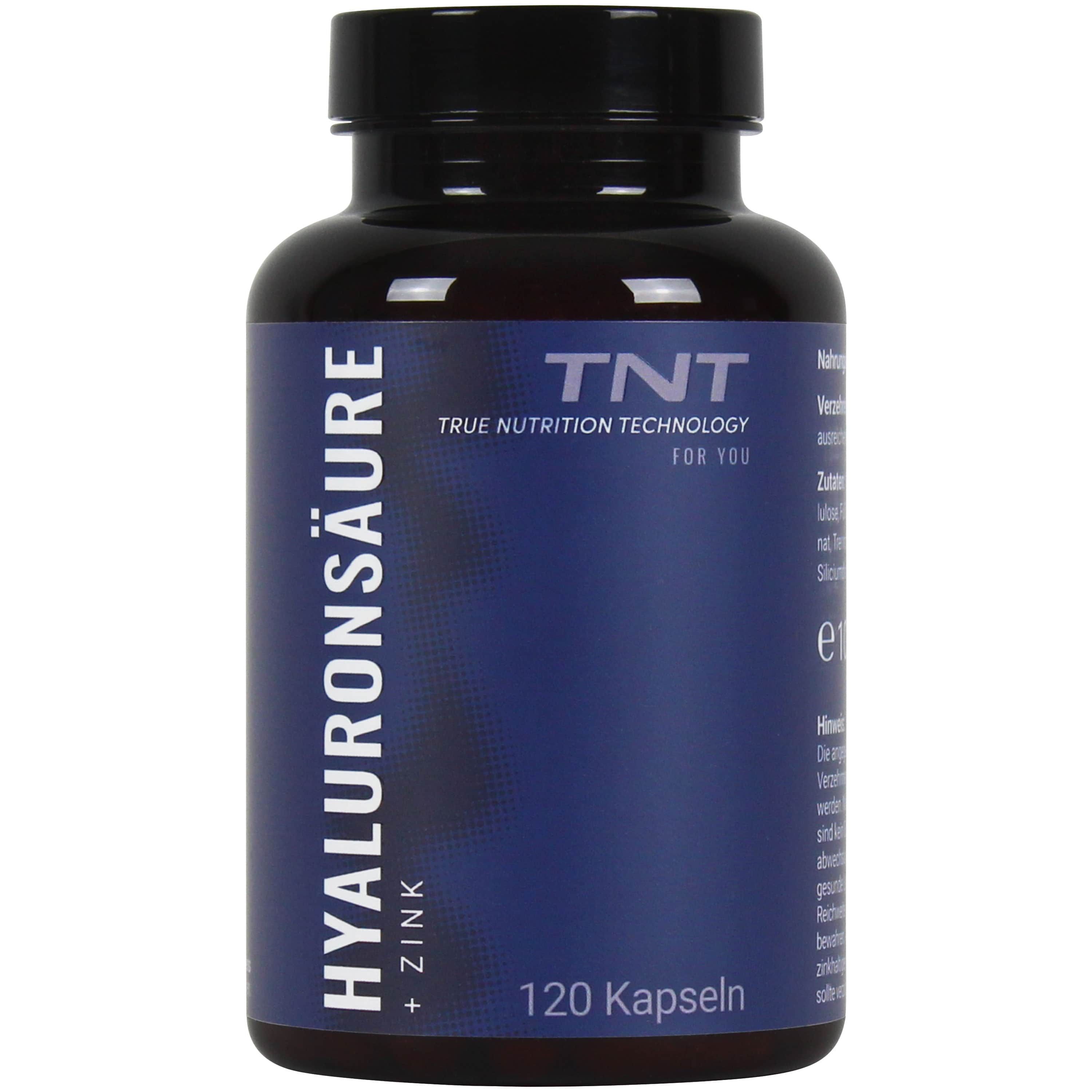 Flasche mit Hyaluronsäure + Zink. Marke: TNT. 120 Kapseln. Aufschrift: True Nutrition Technology.