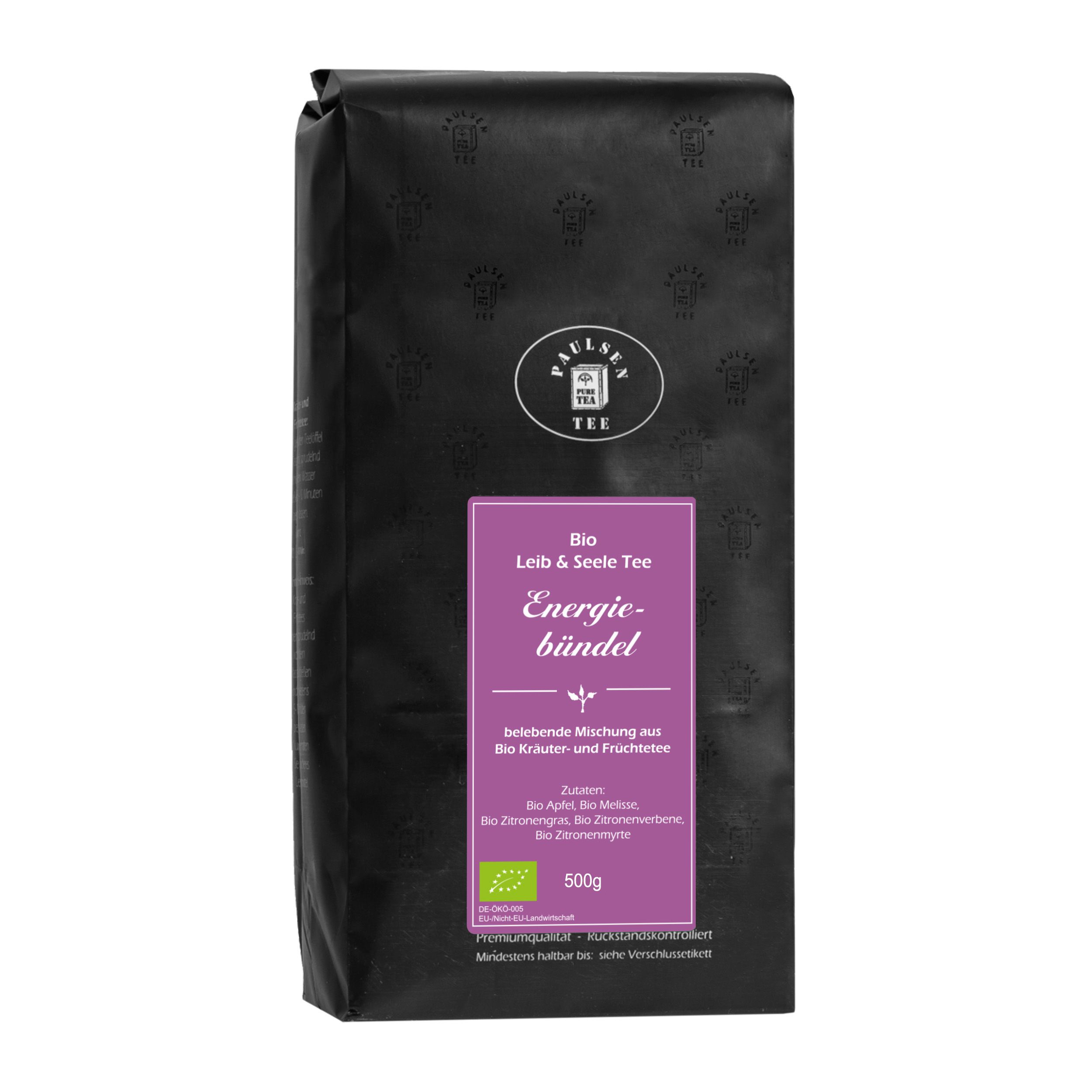 Schwarze Verpackung mit lila Etikett. Text: Bio Leib & Seele Tee Energiebündel. Logo: Paulsen Tee. Bio-Siegel.