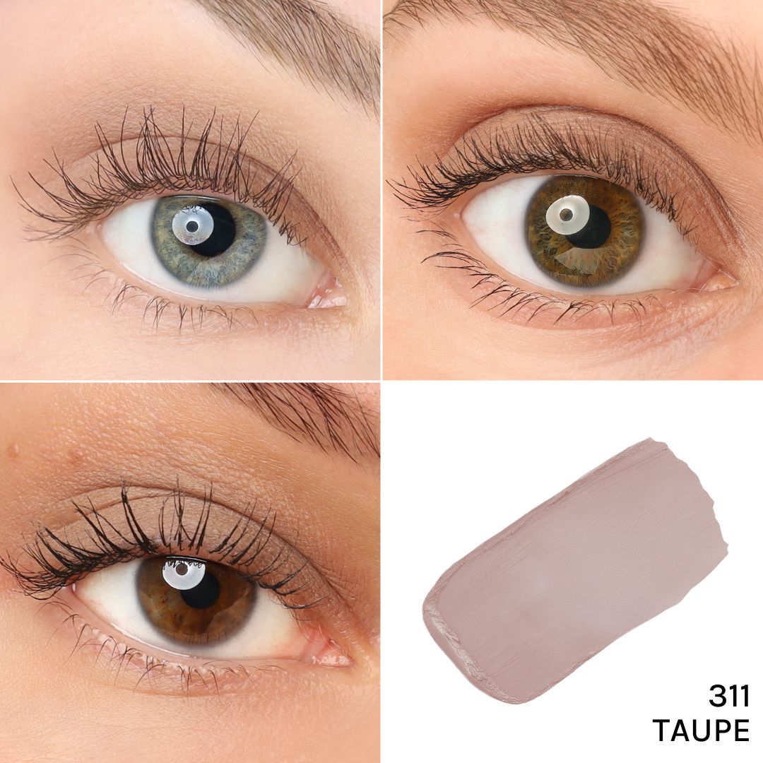 Vier Nahaufnahmen von Augen mit Lidschatten. Ein Farbmuster des Lidschattens mit der Aufschrift 311 Taupe.