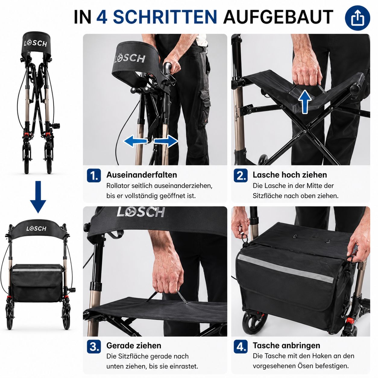 Rollator in 4 Schritten aufgebaut. Schwarzer Sitz und Tasche. Person faltet ihn auseinander und bringt die Tasche an.