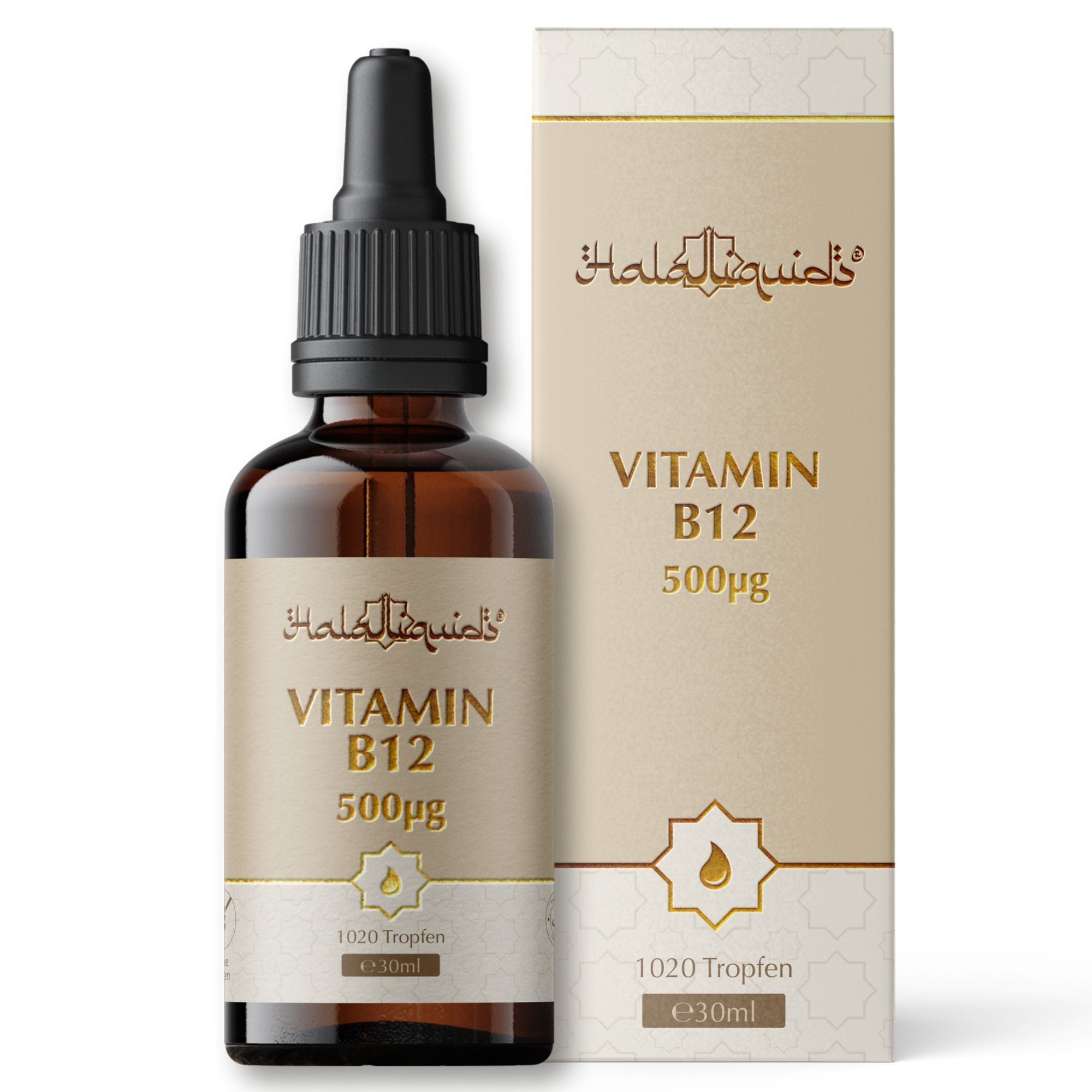 Flasche und Karton für Vitamin B12 Tropfen 500µg, 30ml. Halal-zertifiziert, Made in Germany.