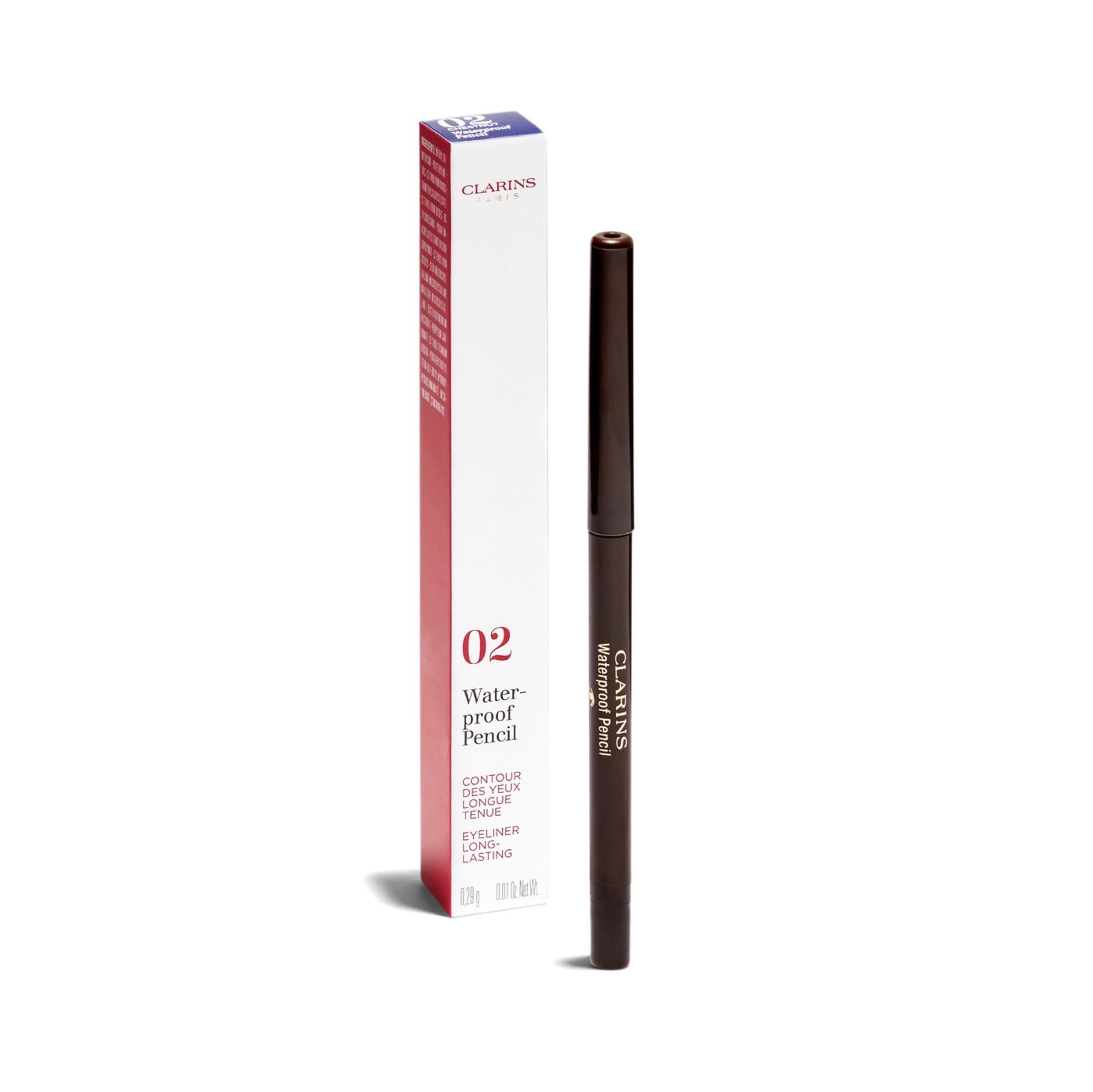 Brauner, wasserfester Stift und Verpackung. Aufschrift: Clarins Waterproof Pencil.