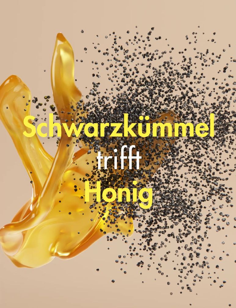 Gelbe Flüssigkeit trifft auf Schwarzkümmel-Samen. Text: Schwarzkümmel trifft Honig.
