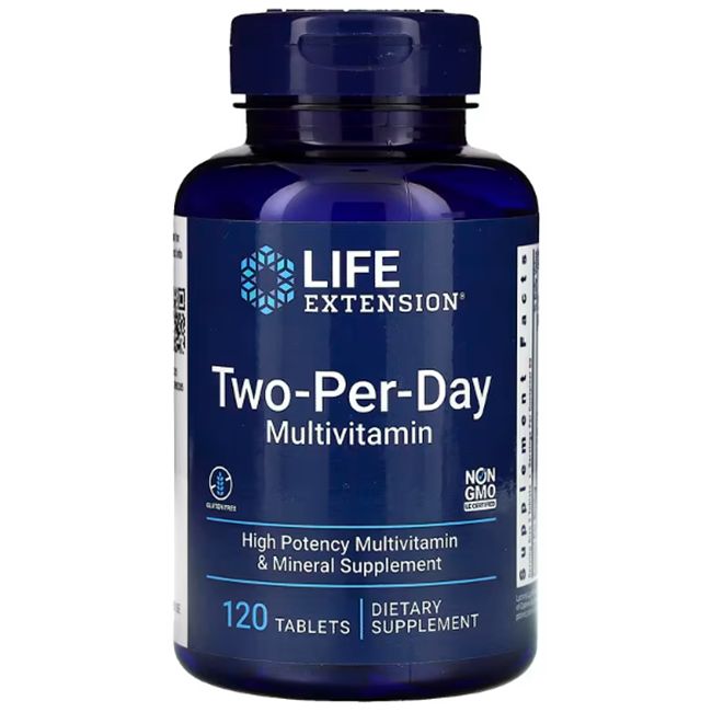 Blaue Flasche. Aufschrift: LIFE EXTENSION, Two-Per-Day Multivitamin. 120 Tabletten. Glutenfrei, Non-GMO.