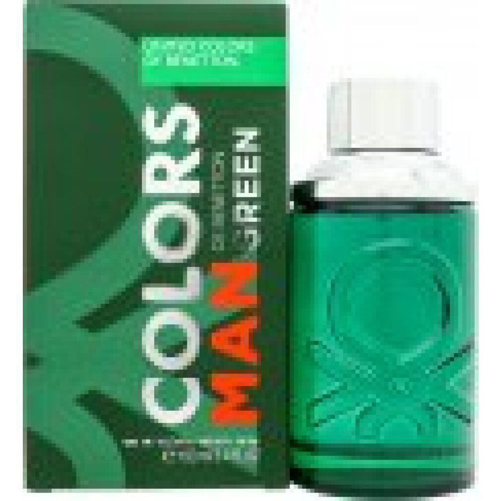 Grüne Flasche und Verpackung. Aufschrift: COLORS MAN GREEN. Rechteckige Flasche mit weißem Deckel. Grüne Verpackung mit Logo.