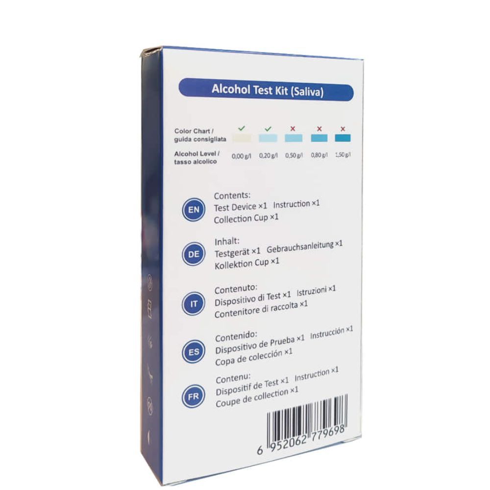 Rückseite der Verpackung des We Test Alkoholtest Speicheltest-Kits. Enthält Informationen in mehreren Sprachen und eine Farbtabelle.