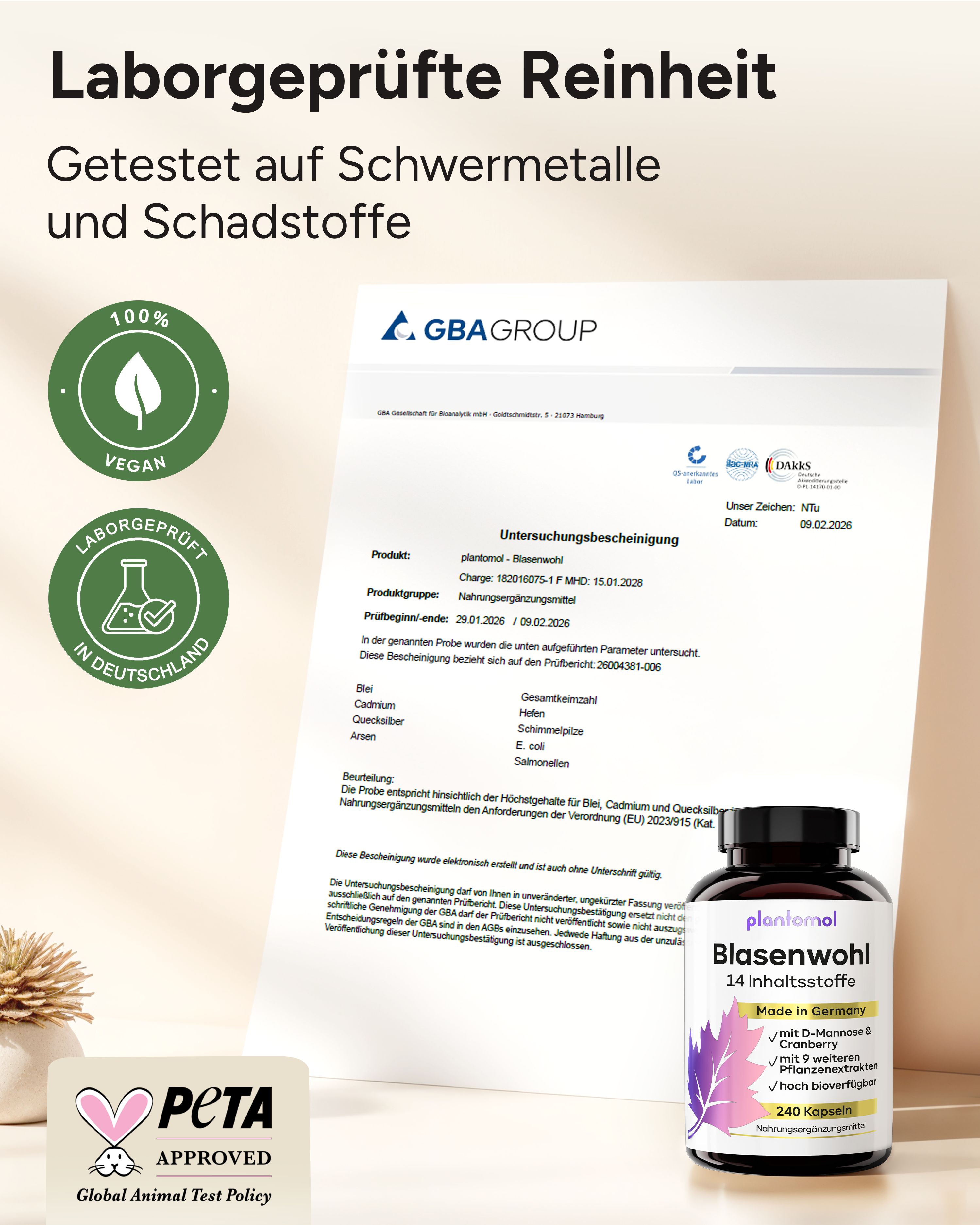 Laborgeprüfte Reinheit. Vegan-Siegel, PETA-Logo, GBA-Zertifikat. Flasche plantomol Blasenwohl, 240 Kapseln.