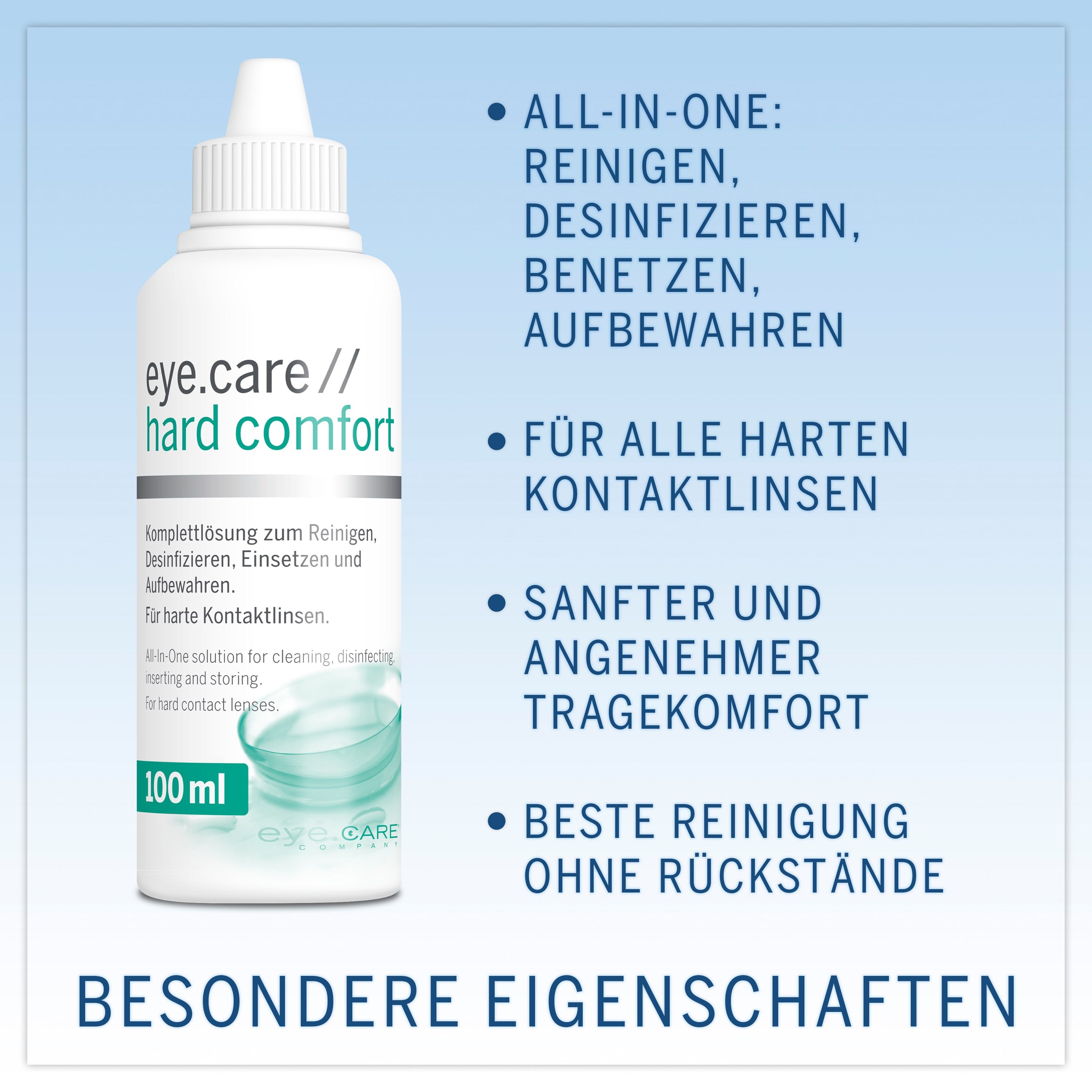 Flasche eye.care // hard comfort. Text: Reinigen, desinfizieren, aufbewahren. Für harte Kontaktlinsen. 100 ml.