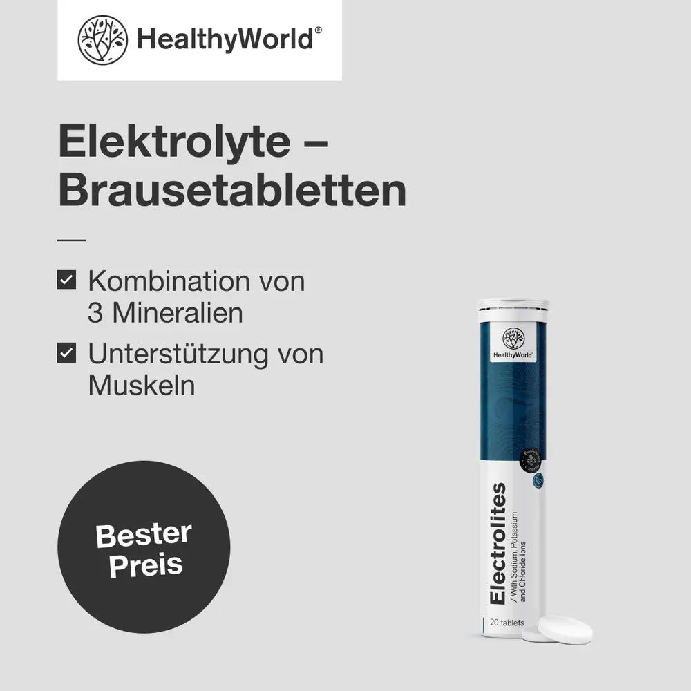 Verpackung von Elektrolyt-Brausetabletten mit Hinweisen zu Mineralien und Muskelfunktion.