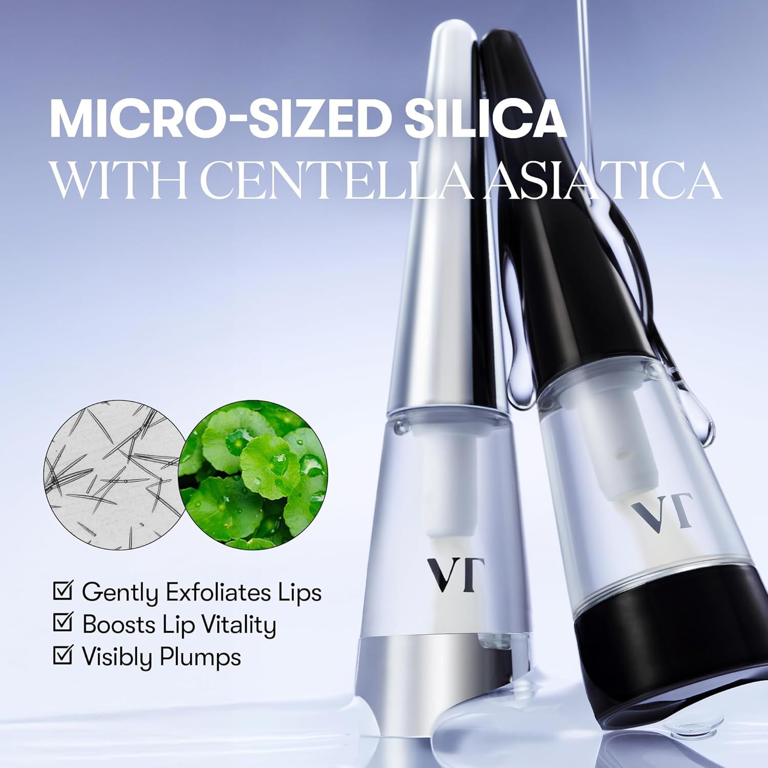 Zwei Lippen-Plumper-Flakons mit Applikatoren. Text: Micro-Sized Silica with Centella Asiatica. Eigenschaften.