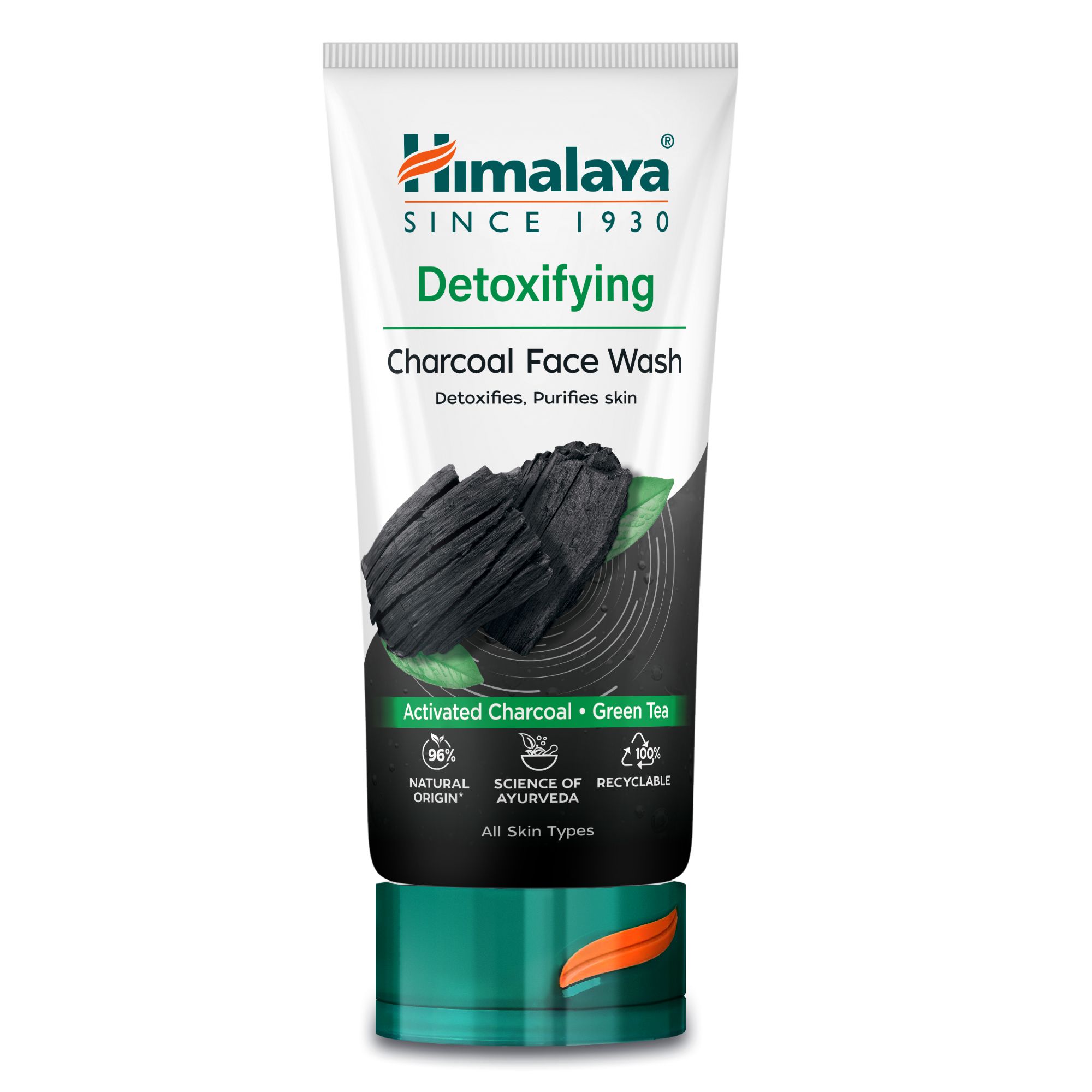 Weiß-grüne Tube mit Himalaya Detoxifying Charcoal Face Wash. Enthält Aktivkohle und Grüntee. Für alle Hauttypen.