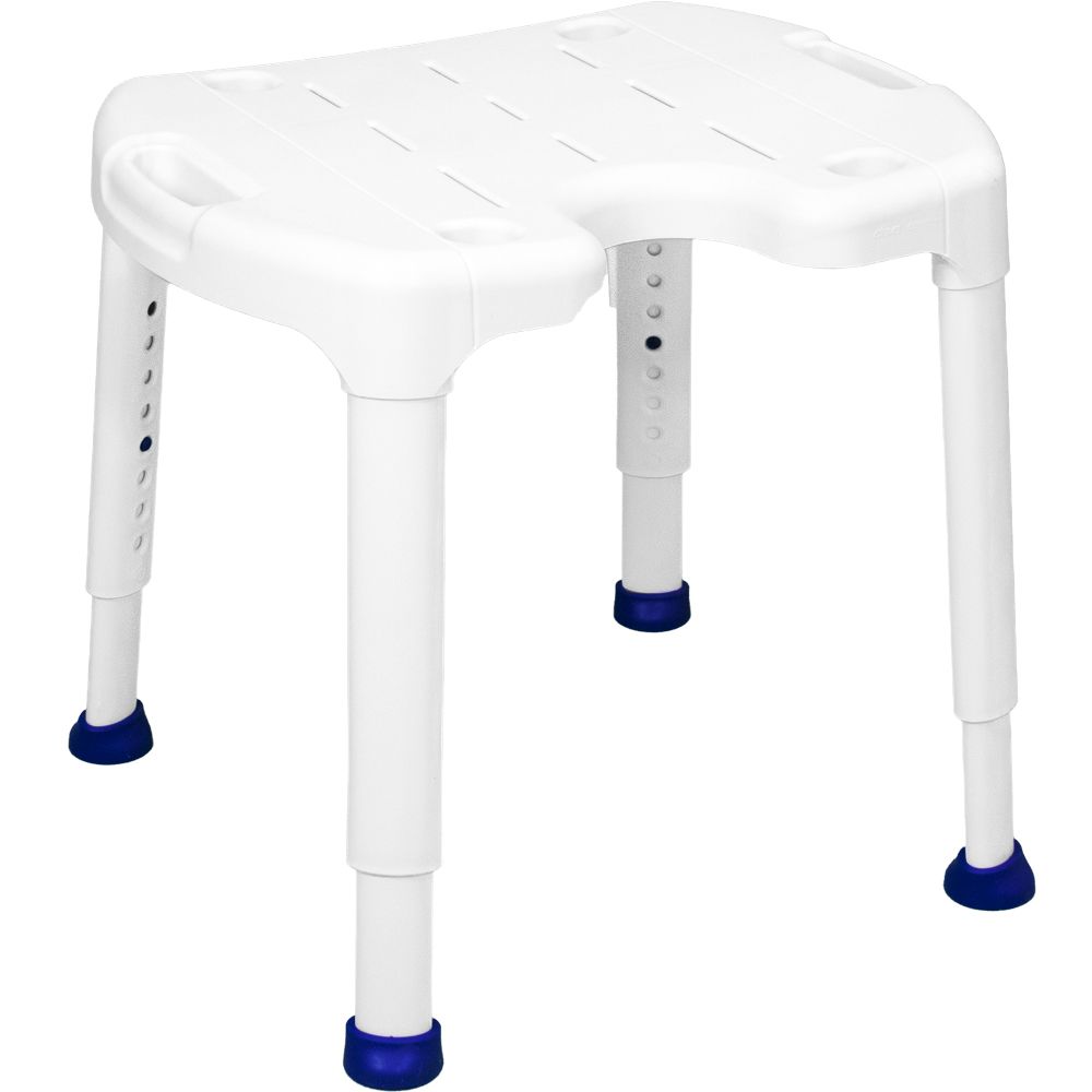 Duschhocker mit weißer Sitzfläche und verstellbaren Beinen. Blaue Gummifüße. Griff an der Seite.