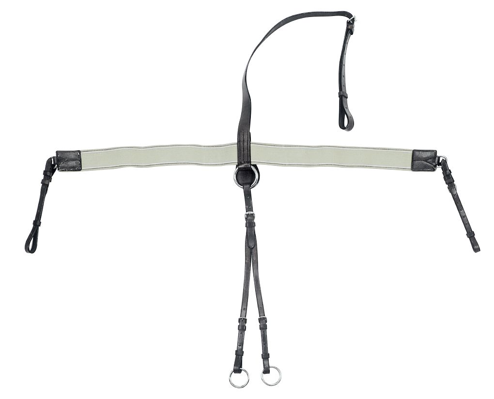 Elastisches Vorderzeug mit Martingalgabel, Leder B Wahl. Schwarzes Leder, beiges Band. Zwei Ringe, mehrere Lederriemen.