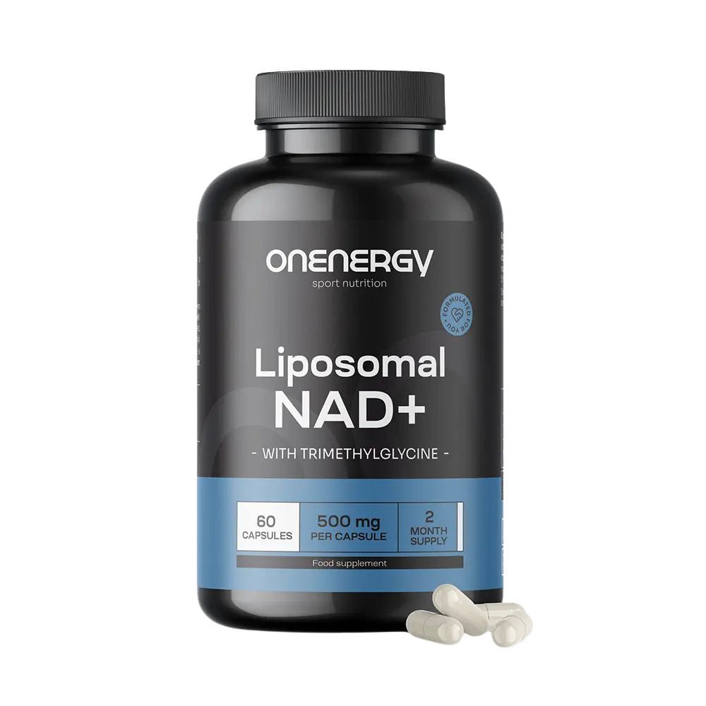 Schwarze Flasche mit Kapseln. Aufschrift: OnEnergy, Liposomal NAD+, 500 mg, mit Trimethylglycin. 60 Kapseln, 2-Monats-Vorrat.
