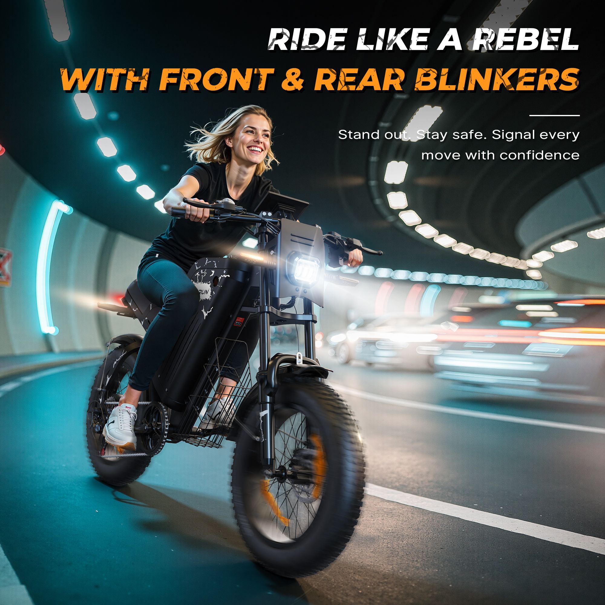 Frau fährt Elektro-Mountainbike in einem Tunnel. Front- und Rückblinker sind sichtbar. Text: Ride like a rebel.