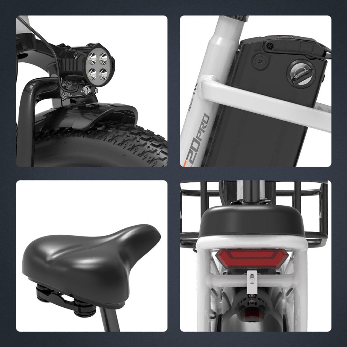 Nahaufnahmen von Fahrradteilen: Scheinwerfer, Akku, Sattel und Rücklicht. Schwarze und weiße Elemente. "C20 Pro"-Aufkleber.