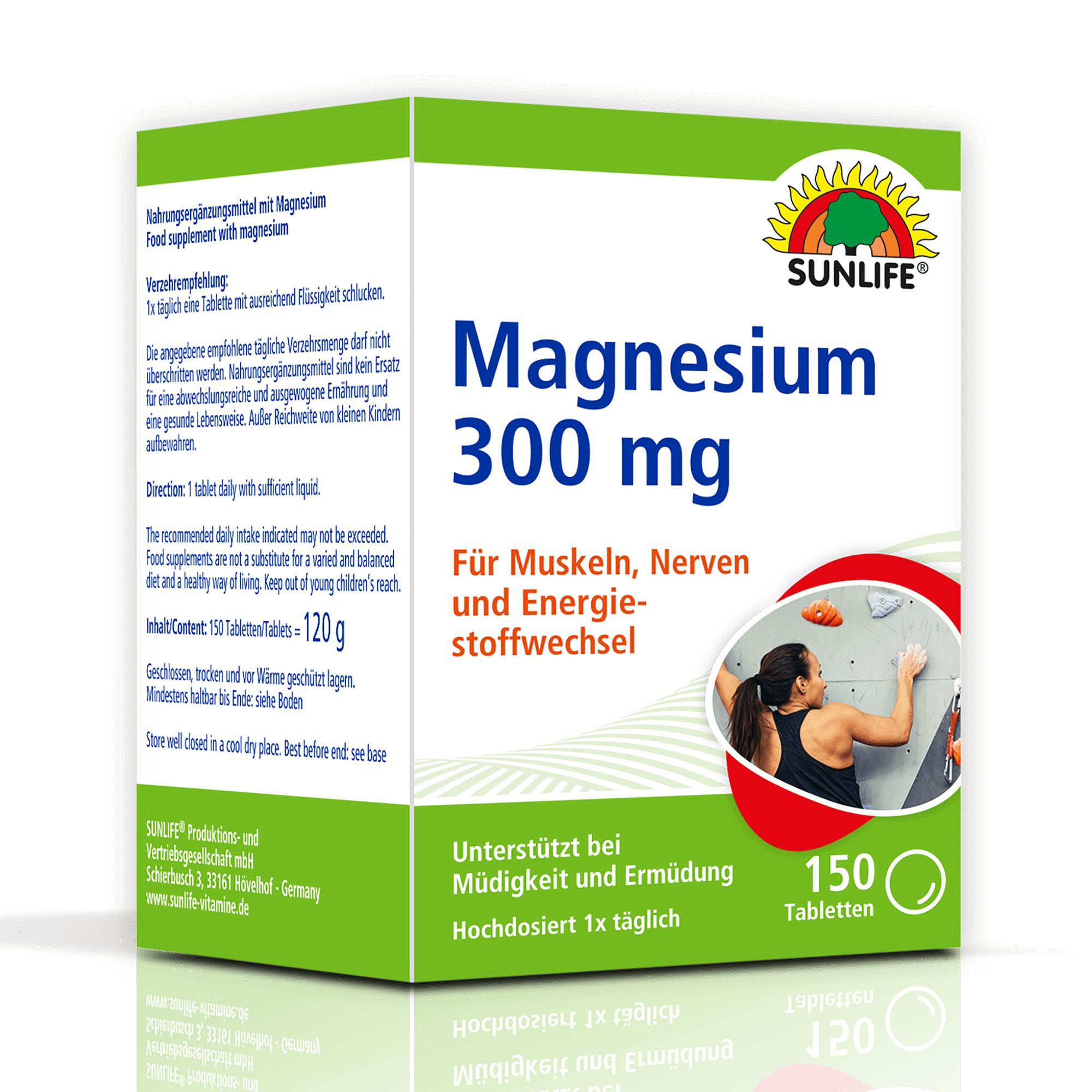 Sunlife Magnesium 300 Tabletten. Verpackung mit 150 Tabletten. Aufschrift: Magnesium 300 mg. Für Muskeln, Nerven und Energiestoffwechsel.