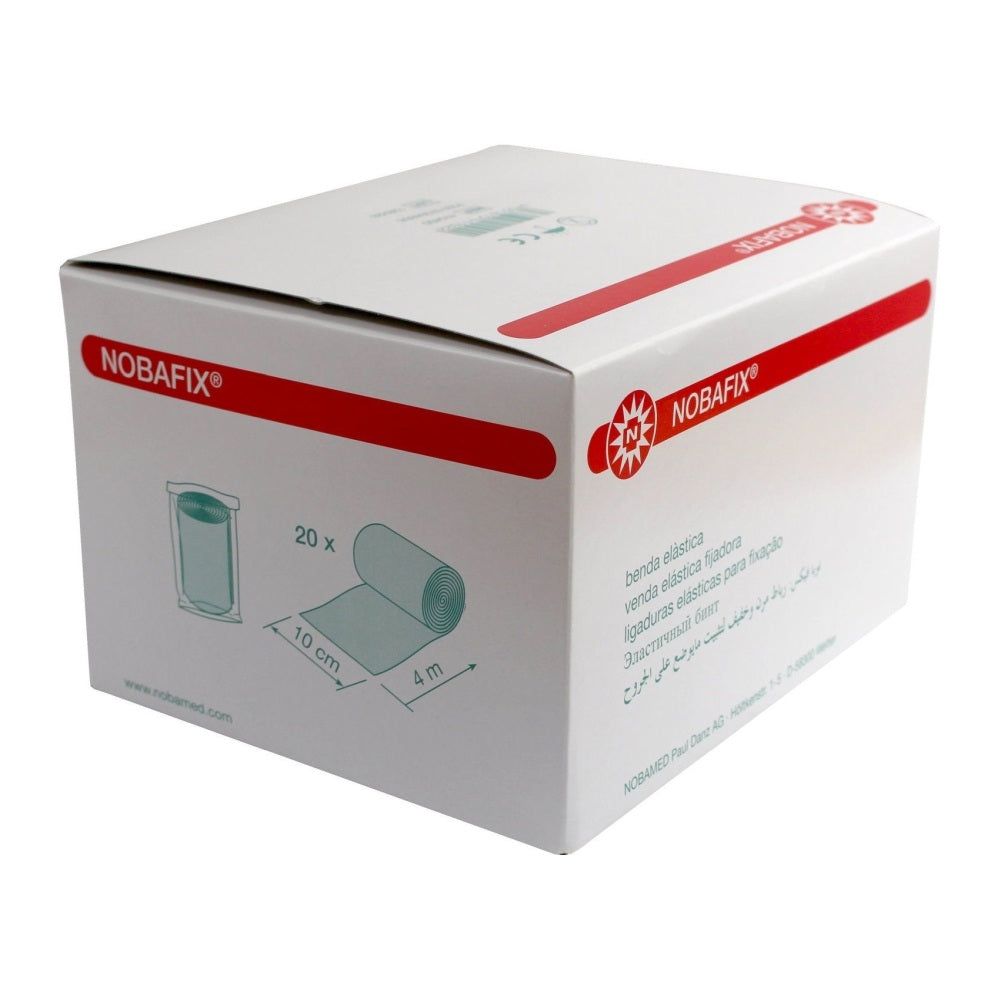 Weiße Verpackung mit roter Schrift und Logo. Zeigt eine Rolle Verband, 20 Stück, 4 m x 10 cm. Marke: NOBAFIX.