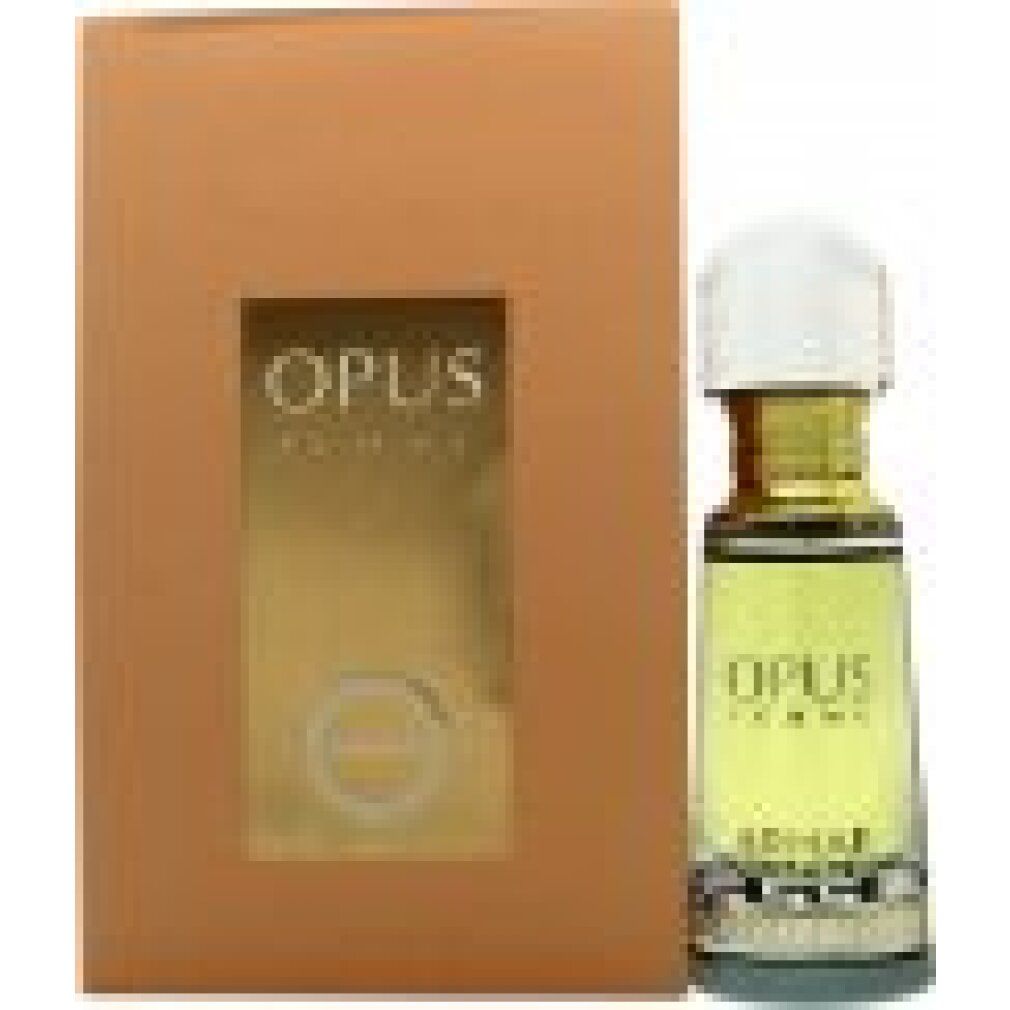 Parfümflasche und Verpackung. Aufschrift: Opus Femme, Armaf. Goldfarbene Flasche mit weißem Deckel, goldfarbener Hals. Rechteckige Verpackung.