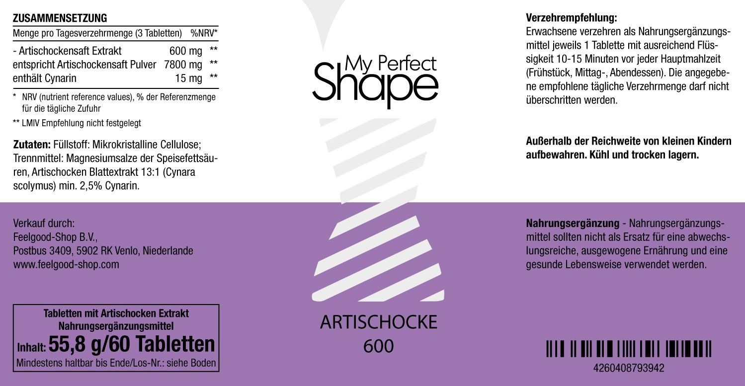 Etikett mit "My Perfect Shape" und "Artischocke 600". Textinformationen und Nährwertangaben. Lila und weißes Design.