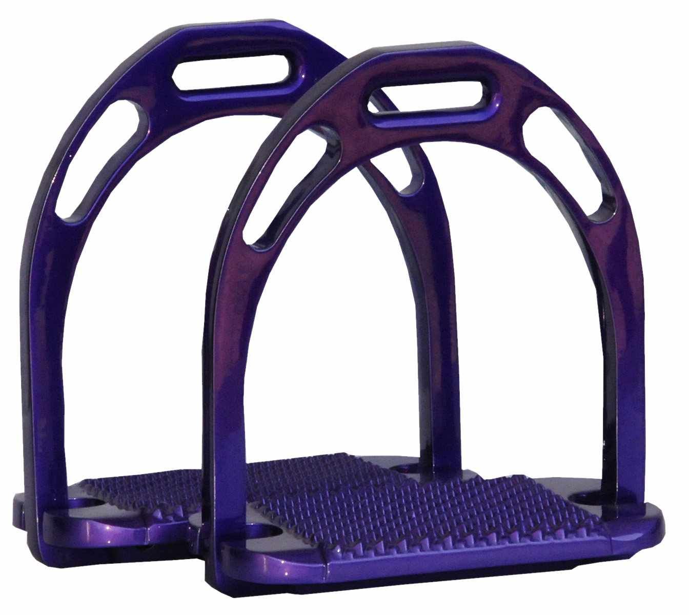 Zwei violette Steigbügel aus Aluminium. Die Trittfläche ist violett und mit Noppen versehen.