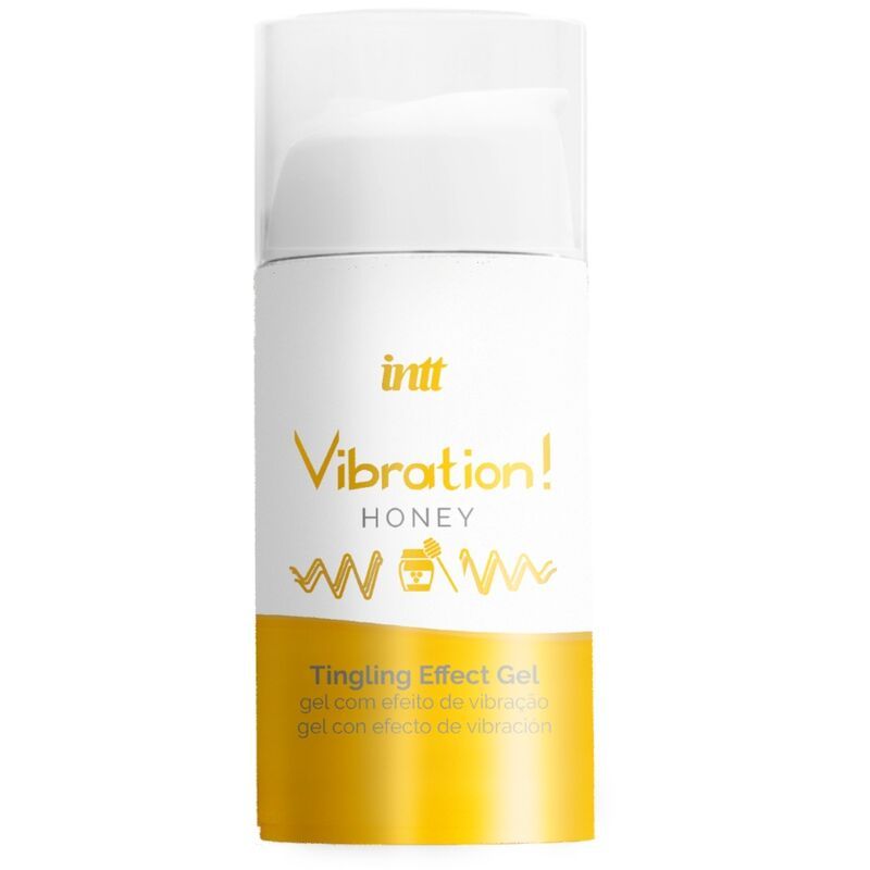 Gel-Flakon mit weißem Deckel und gelbem Boden. Aufschrift: Vibration! Honey, Tingling Effect Gel.