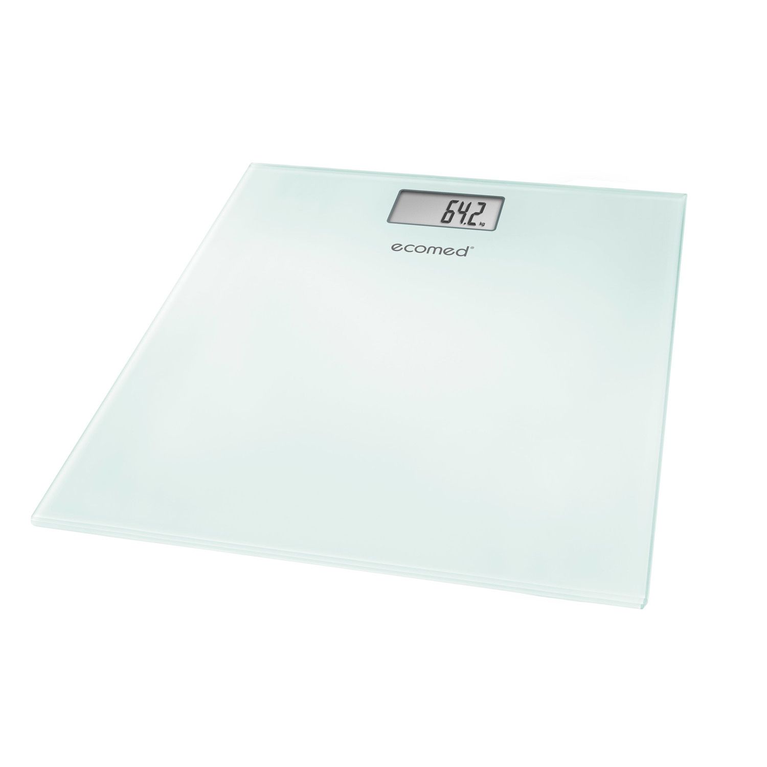 Weiße Personenwaage mit digitaler Anzeige. Die Anzeige zeigt 64,2 kg. Das Logo "ecomed" ist sichtbar.