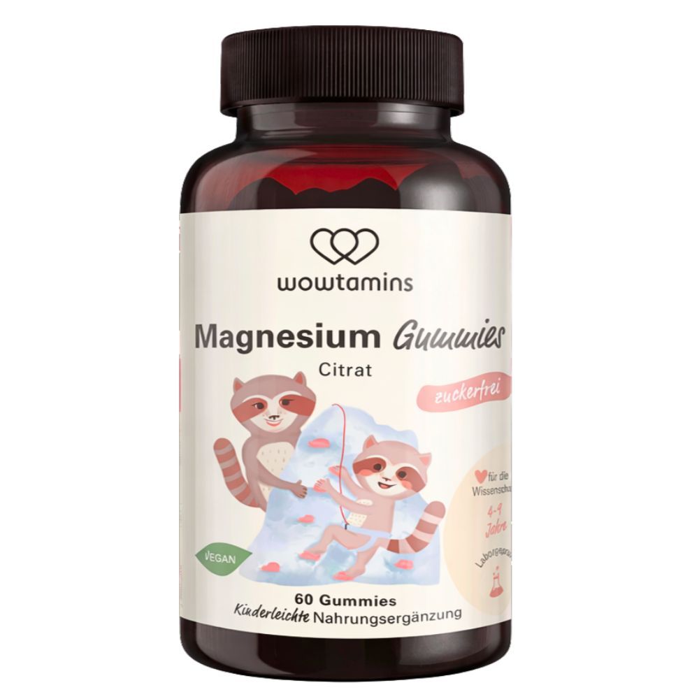 Braune Flasche mit WOWTAMINS Magnesium Gummies. Aufschrift: Citrat, zuckerfrei, 60 Gummies. Vegan.