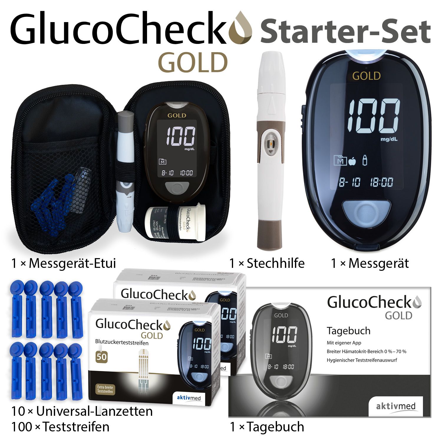 GlucoCheck GOLD Set (mg/dl) zur Kontrolle des Blutzuckers mit 110 Teststreifen