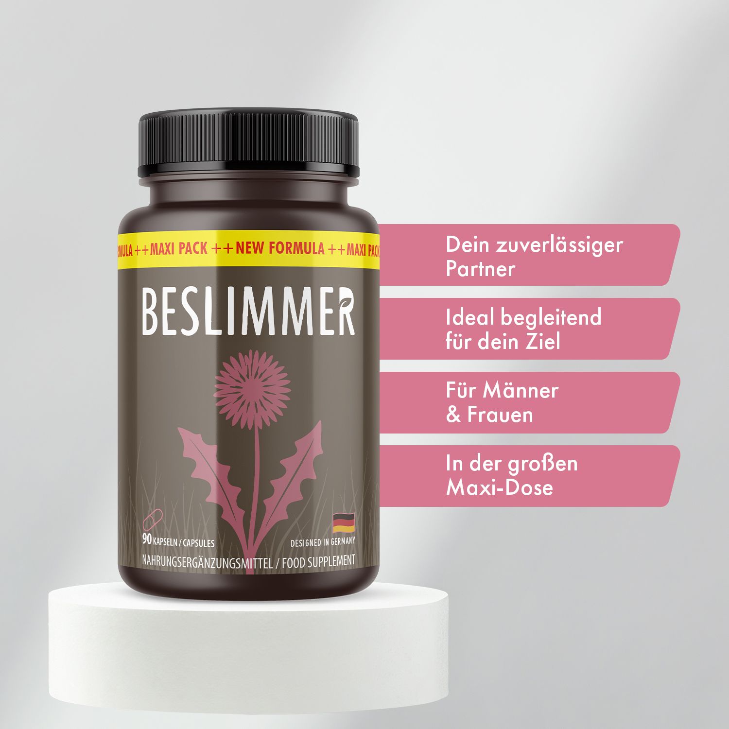 Braune Flasche BESLIMMER auf Sockel. Text: Dein zuverlässiger Partner, Ideal begleitend für dein Ziel, Für Männer & Frauen, In der großen Maxi-Dose.