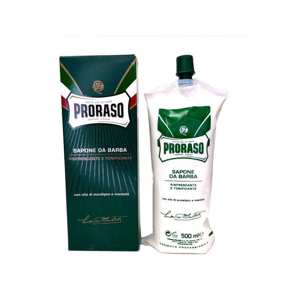 Proraso Rasierschaum-Verpackung und -Beutel. Grün-weißes Design, italienische Flagge. Text: Saponeda Barba, 500 ml.