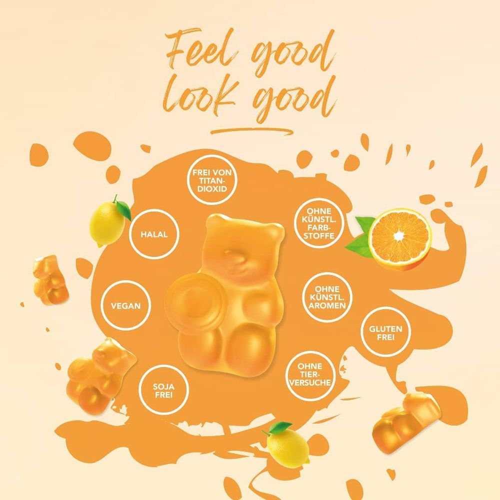 Gelbes Gummibärchen mit Logos: Vegan, Halal, Sojafrei, Glutenfrei, ohne künstliche Aromen, etc.